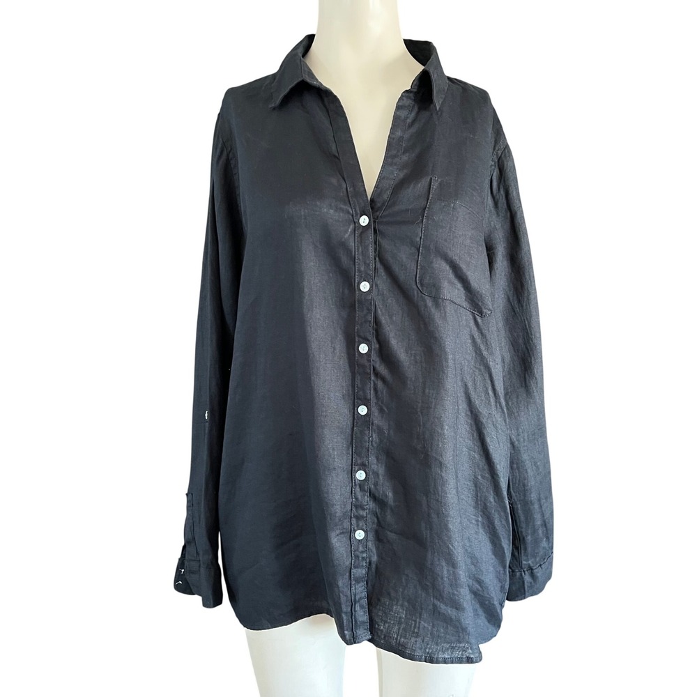 Sigrid Olsen Black 100% Linen Roll Tab Sleeve Button Down Shirt Large